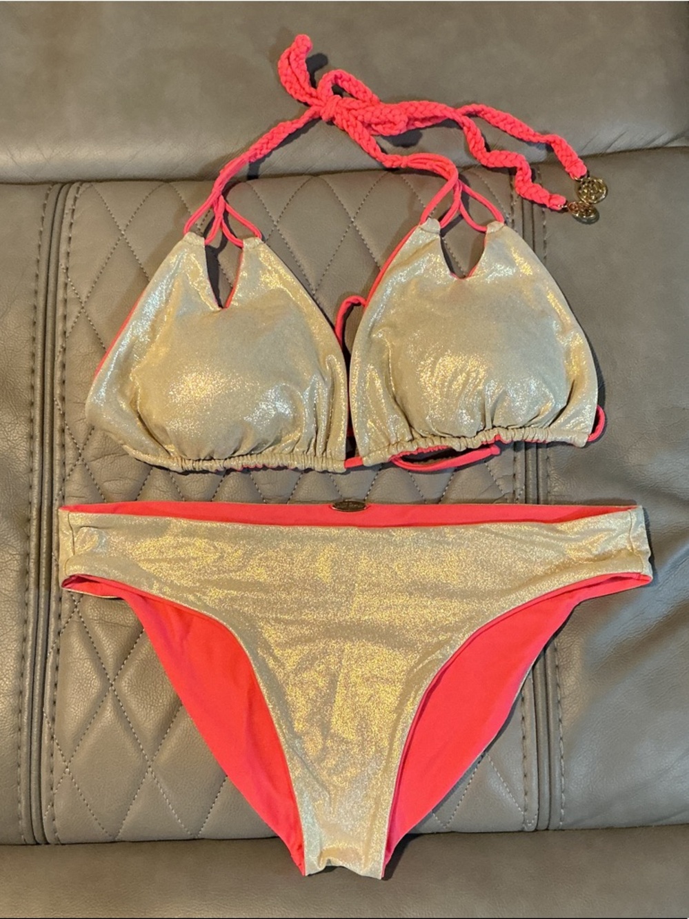 Luli Fama Gold Metallic and Neon Pink Triangle Bikini